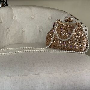 KISSLOCK NEW Gold Sequin Faux Pearl-HandleBag Special occasions Spring Summer